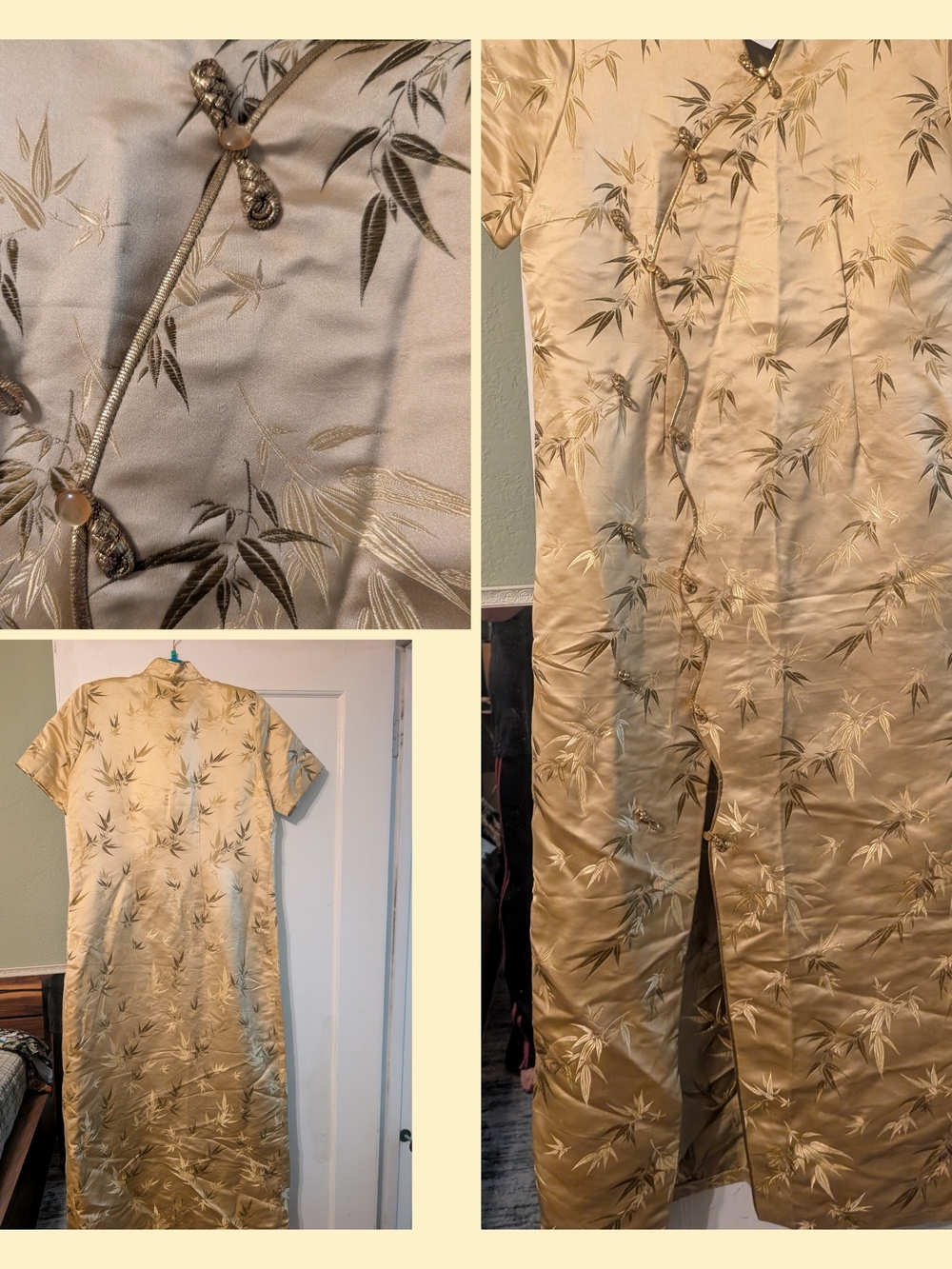 Gold Satin Floral Mandarin Collar Cheongsam Dress